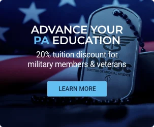 American flag with text promoting a 20% discount for military members and veterans on advancing PA education