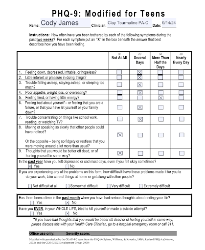 phq-9 for Cody James