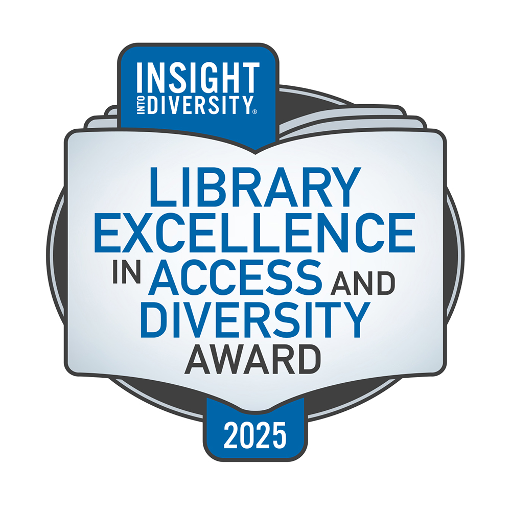 blue award emblem with a grey book stating “Library Excellence in Access and Diversity Award”