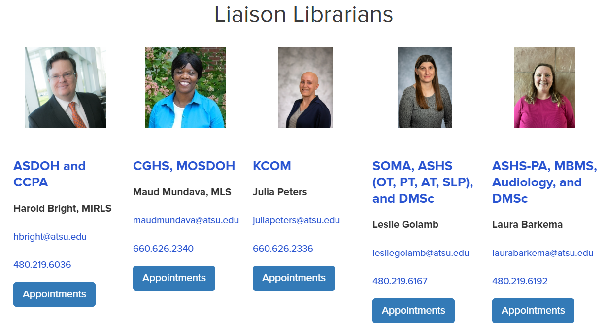 Five profile pictures of librarians and their programs and contact information. 1st - brunette white male in dark suit, 2nd - black female with short hair and bright blue top, 3rd - shaved head white female in dark suit jacket and a grey top, 4th - long brunette white female in a grey top, 5th - long hair light brunette white female in a bright pink top.